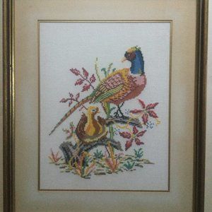 Vintage T.eaton Co wall art cross stich needlepoint embroidery framed pheasant